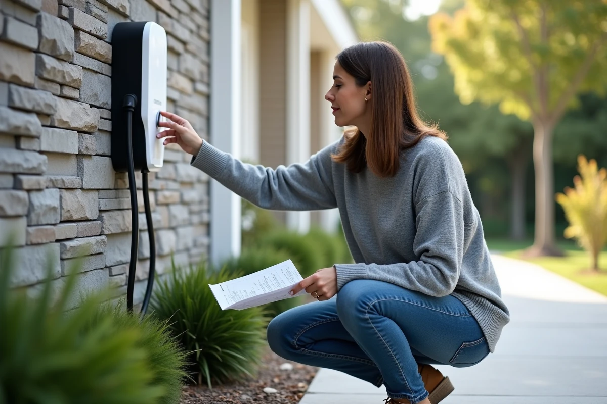 Femme vérifiant une station de recharge EV devant sa maison