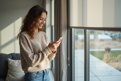 Jeune femme utilisant son smartphone pour contrôler ses volets