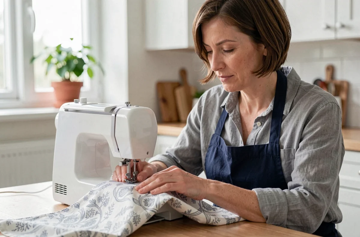 Femme utilisant une machine à coudre compacte sur une table de cuisine pour coudre un tissu à motifs, ambiance domestique naturelle