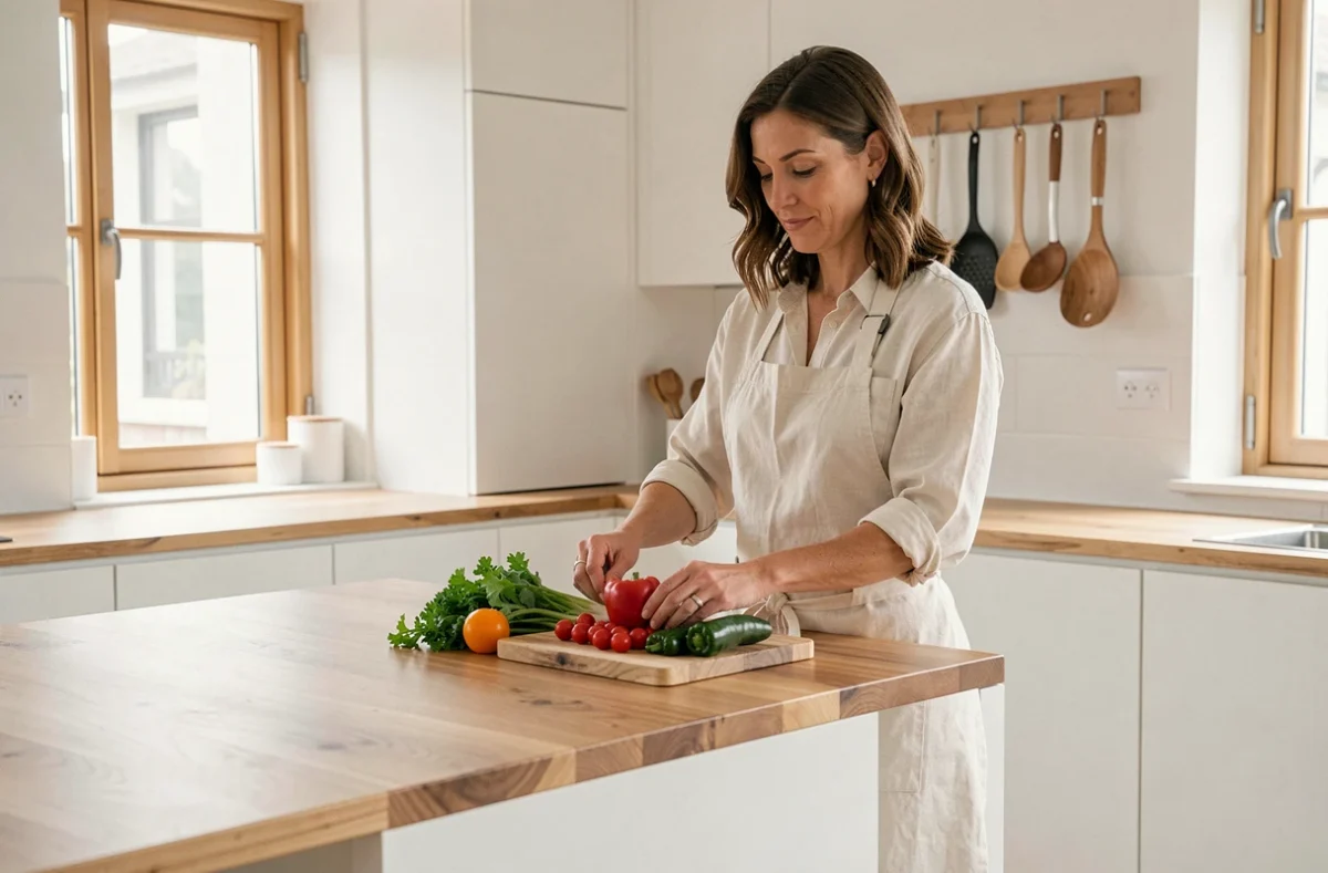 Femme en tablier lin dans une cuisine blanche et bois avec îlot en noyer, ambiance naturelle et chaleureuse