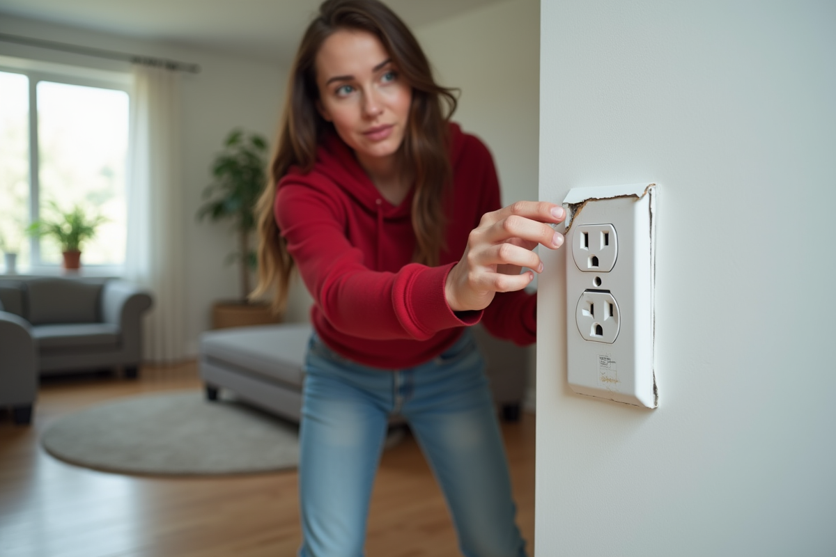 Jeune femme remarque une prise électrique endommagée