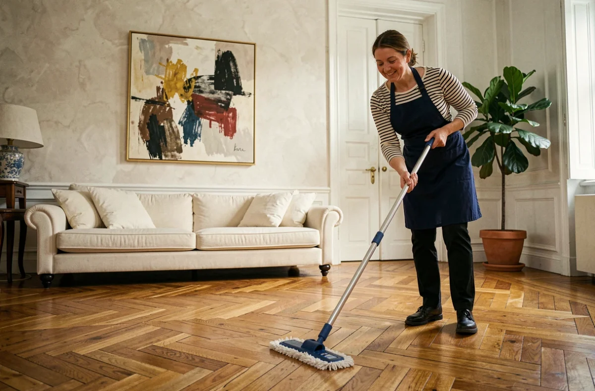 Femme de ménage professionnelle nettoyant le parquet d'un salon dans un appartement parisien haut de gamme