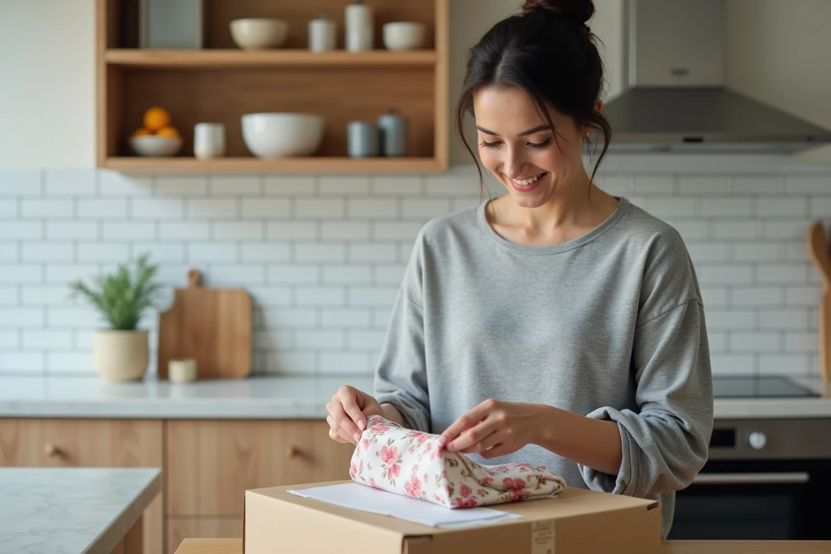 Femme déballant une commande de mode en ligne avec un chemisier fleuri printanier dans une cuisine moderne