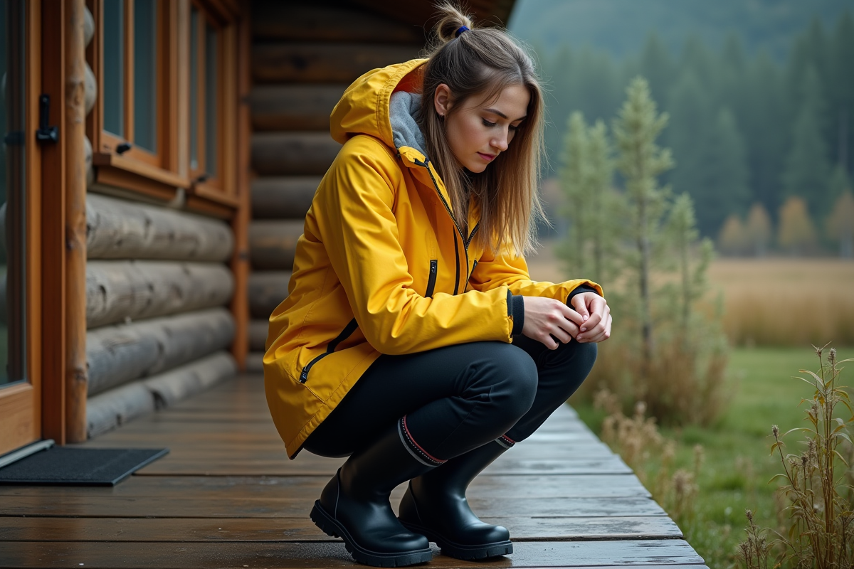 Jeune femme inspectant gouttes d’eau sur sa veste en forêt