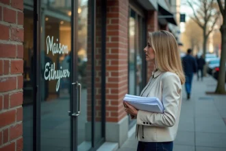 Femme d'affaires pensive devant un magasin fermé