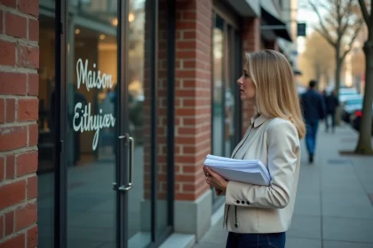 Femme d'affaires pensive devant un magasin fermé