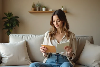 Femme examine des échantillons de couleurs dans un salon moderne