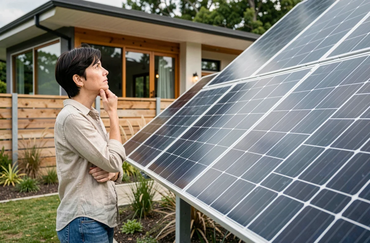 Femme évaluant une installation de panneaux solaires au sol dans le jardin d'une maison écologique moderne