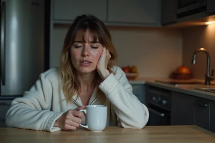 Femme fatiguée en pyjama dans la cuisine la nuit