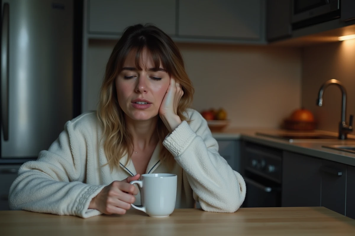 Femme fatiguée en pyjama dans la cuisine la nuit