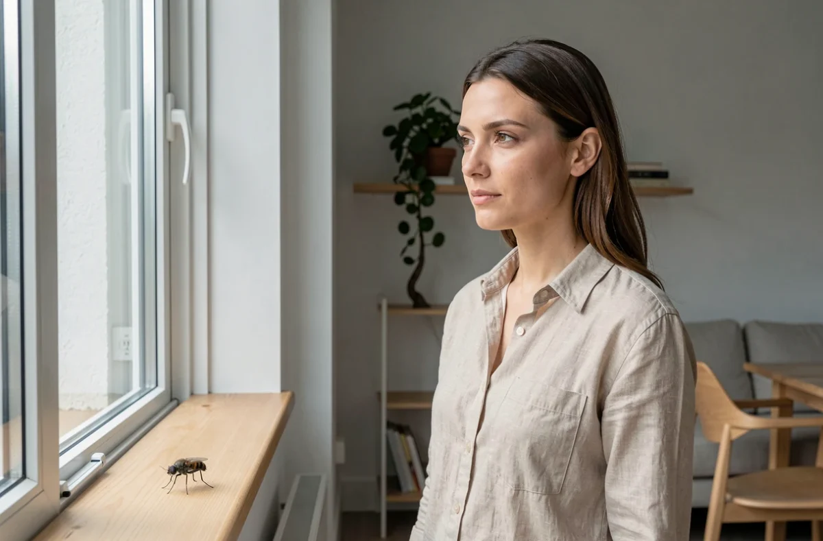 Femme contemplant une mouche sur le rebord d'une fenêtre dans un salon feng shui minimaliste