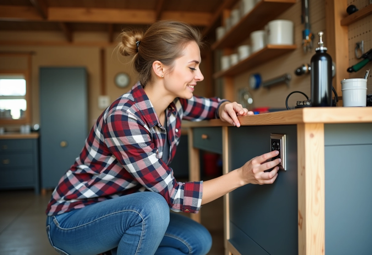 Jeune femme vérifie une prise électrique dans un atelier