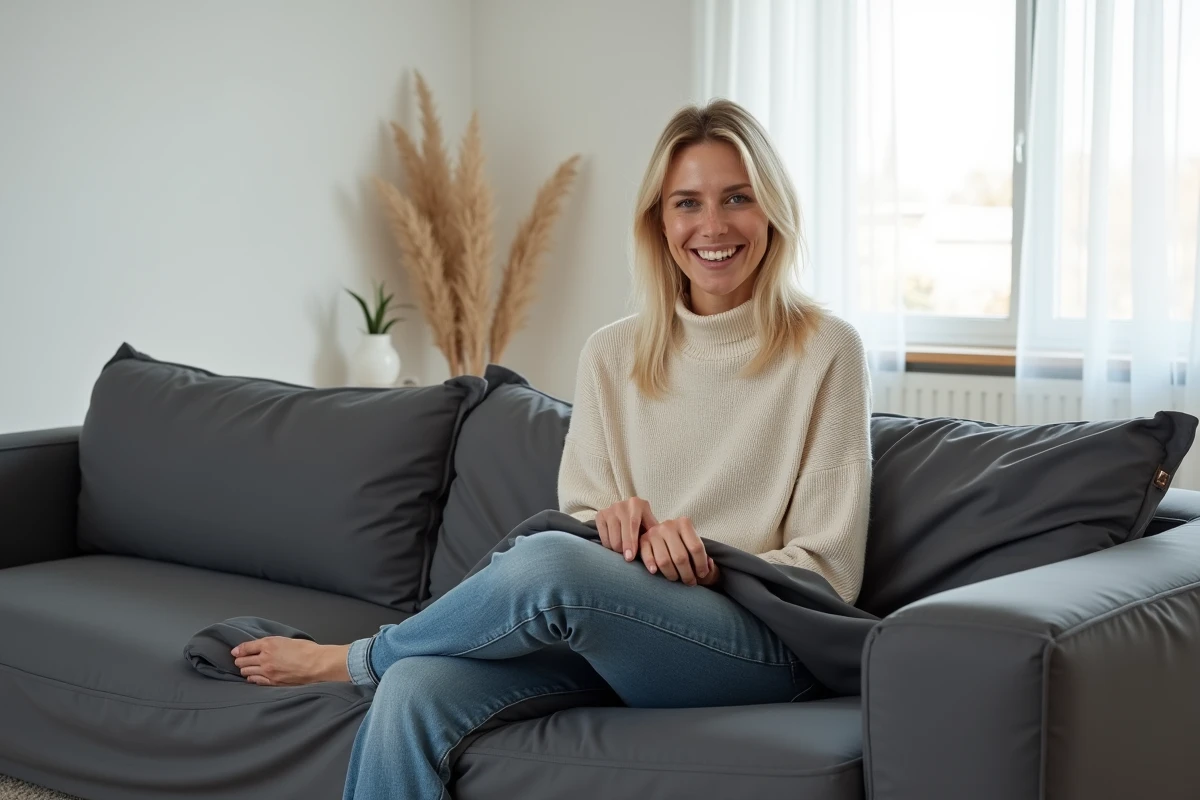 Femme installant une housse anti-taches sur un canapé d'angle convertible dans un appartement scandinave