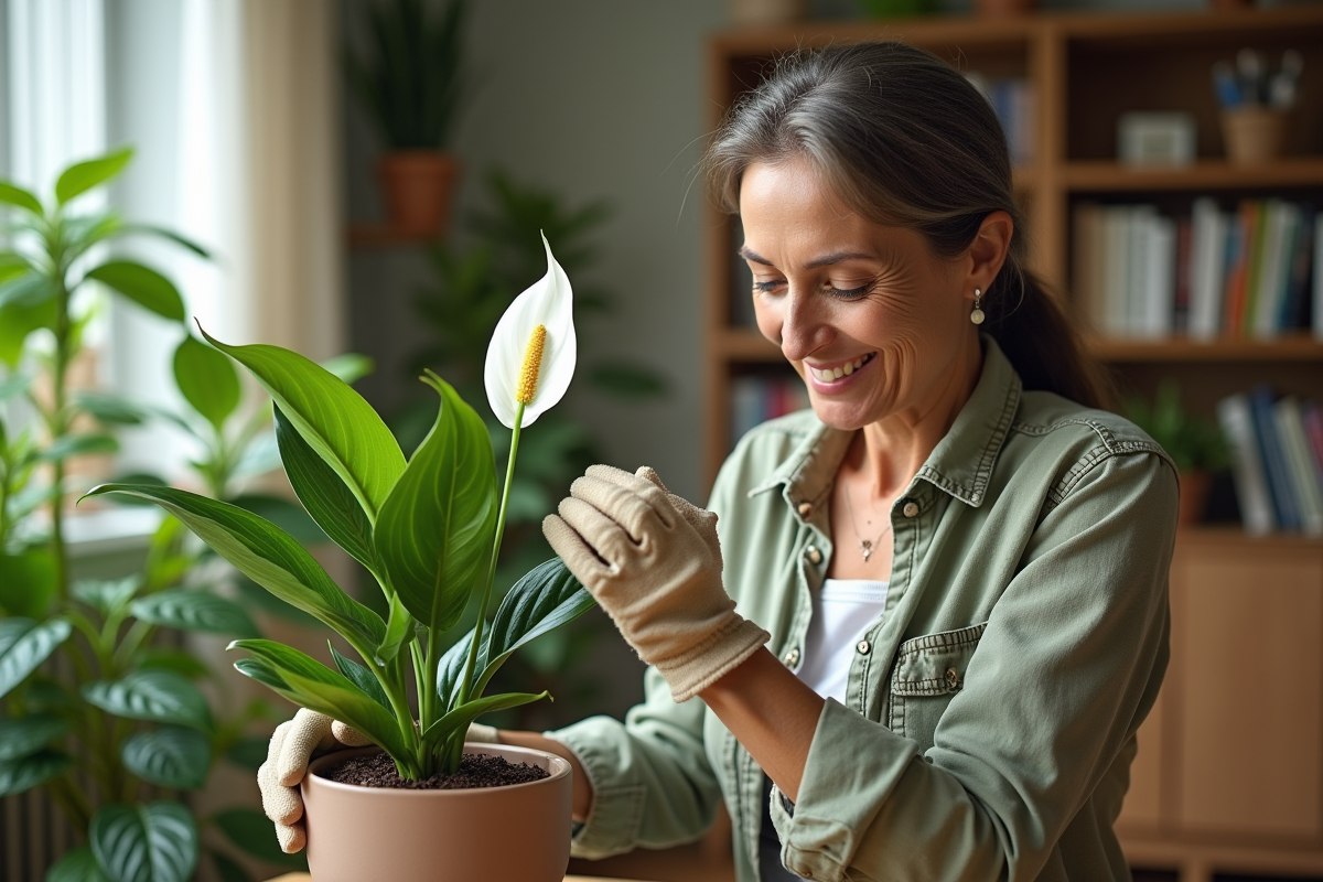 Femme d'âge moyen prenant soin d'une peace lily en intérieur