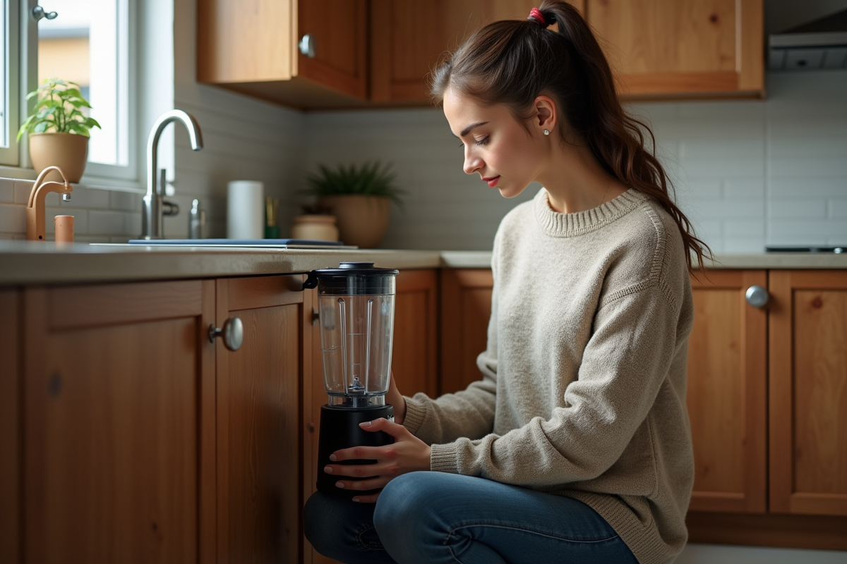 Jeune femme inspectant un blender branché dans la cuisine