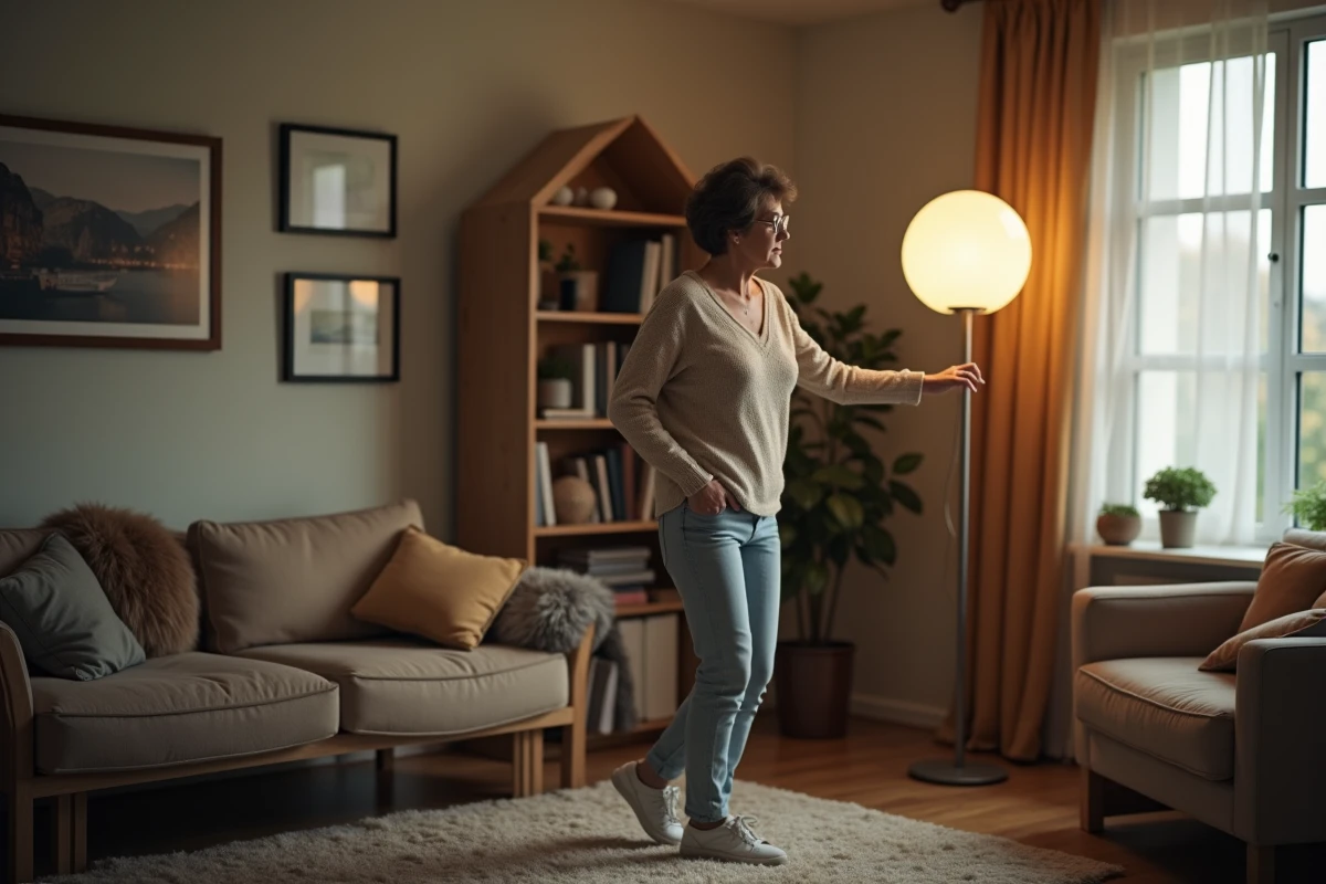 Femme ajustant une lampe halogène dans un salon cosy
