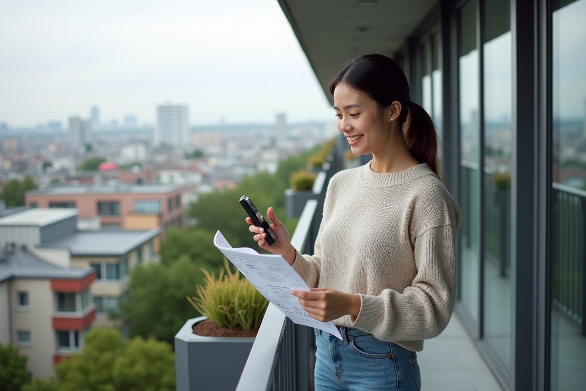 Jeune femme ajustant une station météo sur un balcon