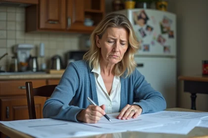 Femme d'âge moyen consulte des papiers dans sa cuisine