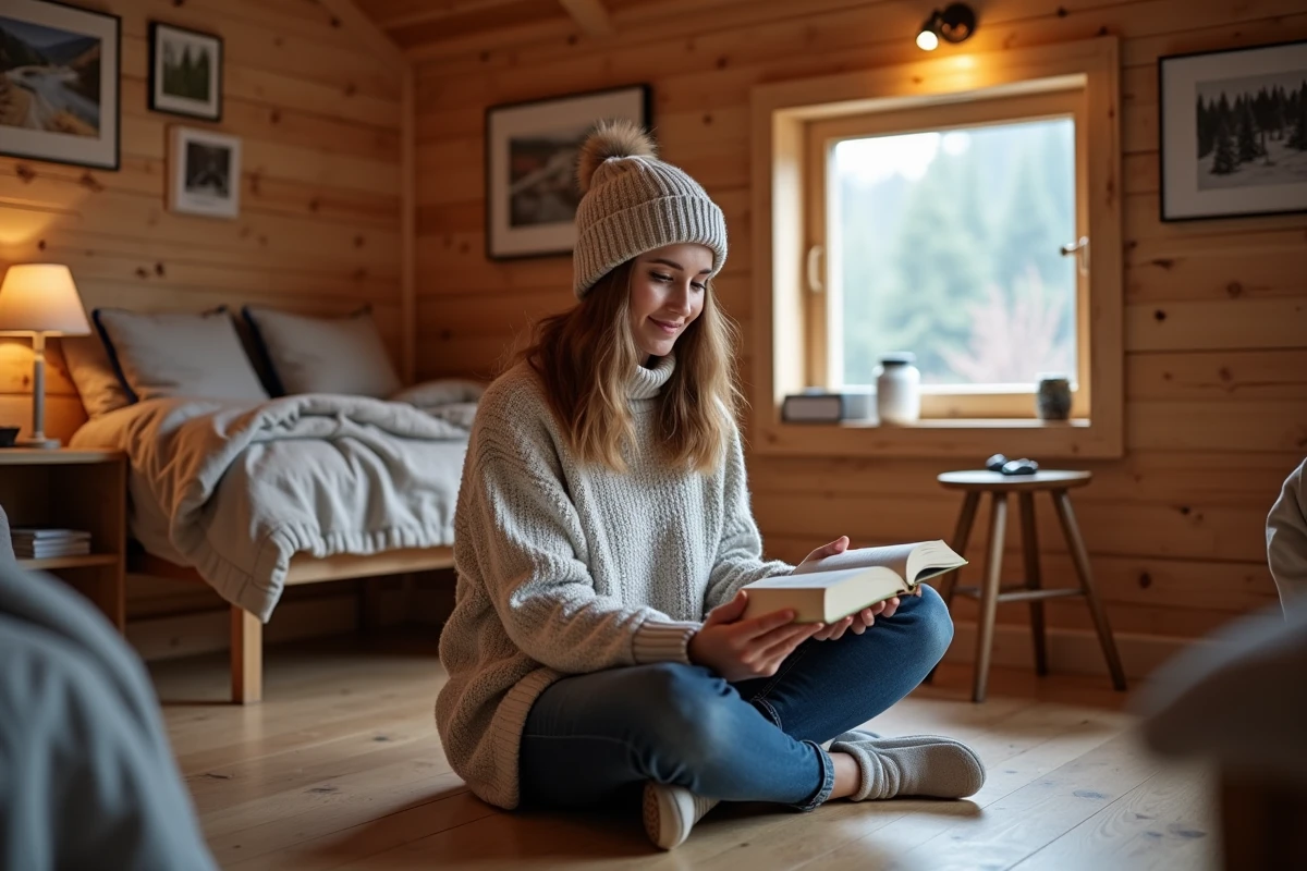 Jeune femme lisant dans un intérieur en bois chaleureux