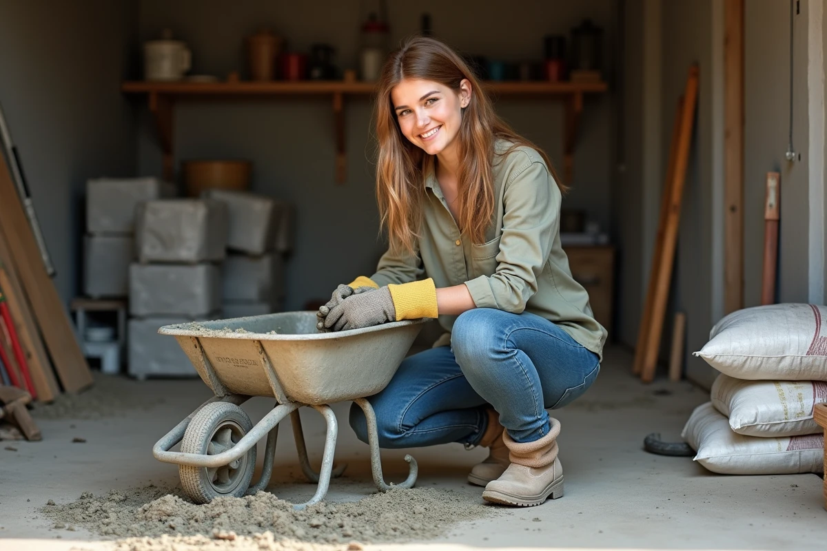 Jeune femme mélangeant du mortier à la main dans une brouette