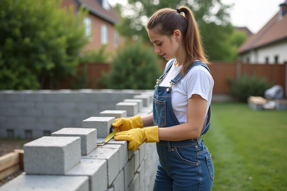 Jeune femme en tenue de chantier mesure un mur de jardin en extérieur