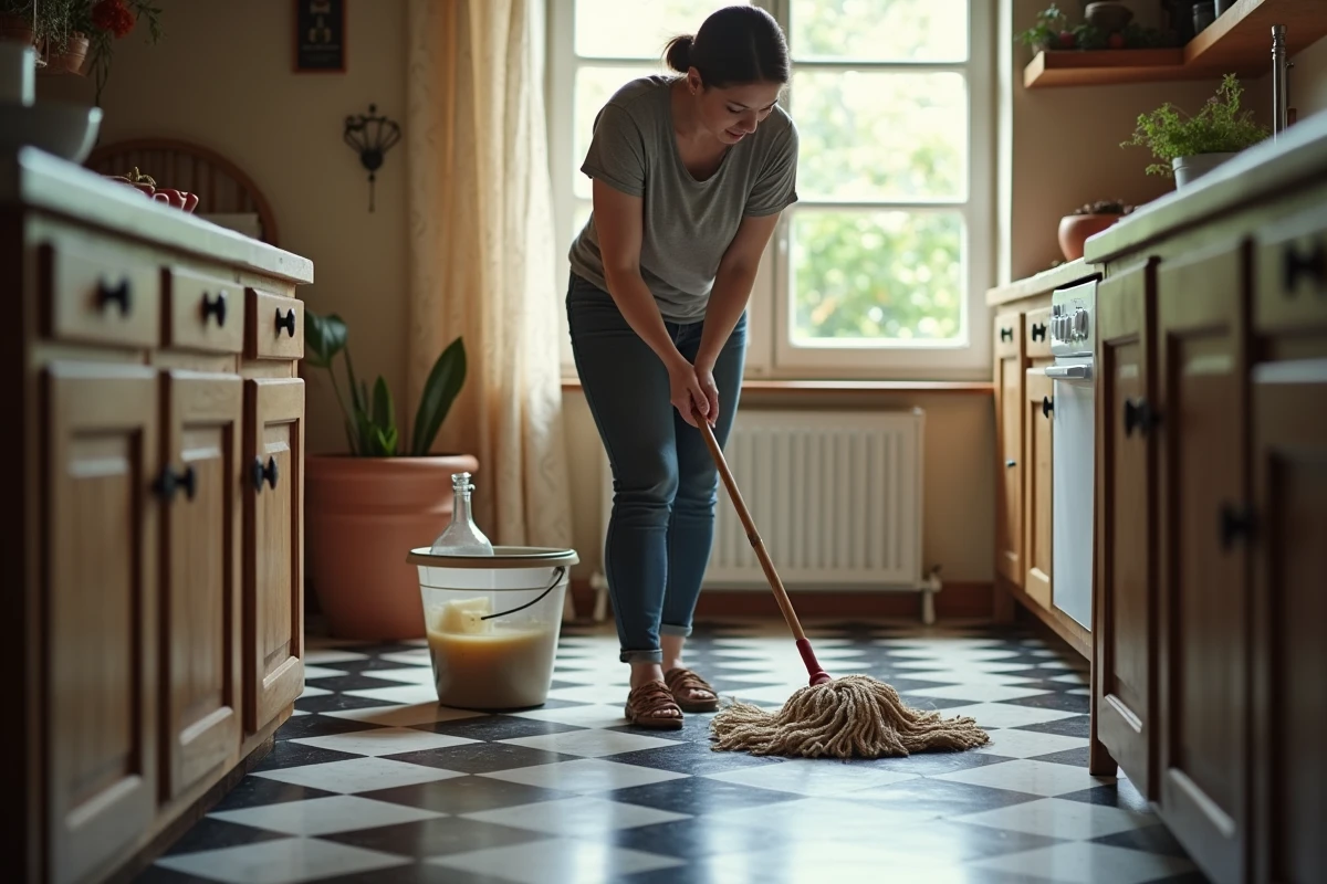 Femme nettoyant un sol en lino à carreaux avec un seau d'eau vinaigrée dans une cuisine campagnarde