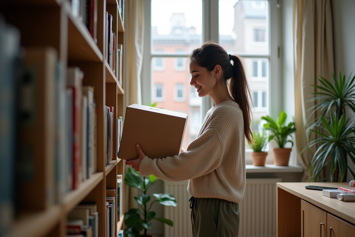 Jeune femme rangeant une boîte de télévision dans un appartement urbain