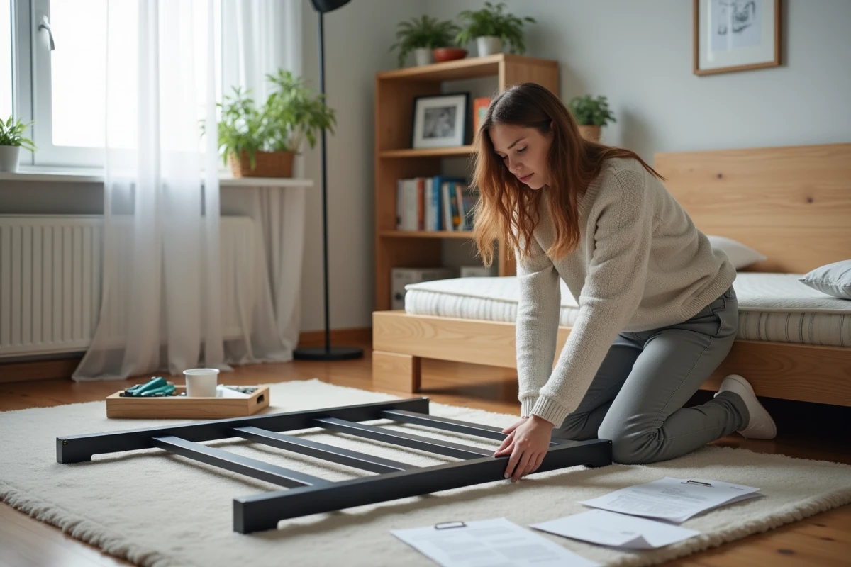 Jeune femme organise des pièces de sommier dans un appartement