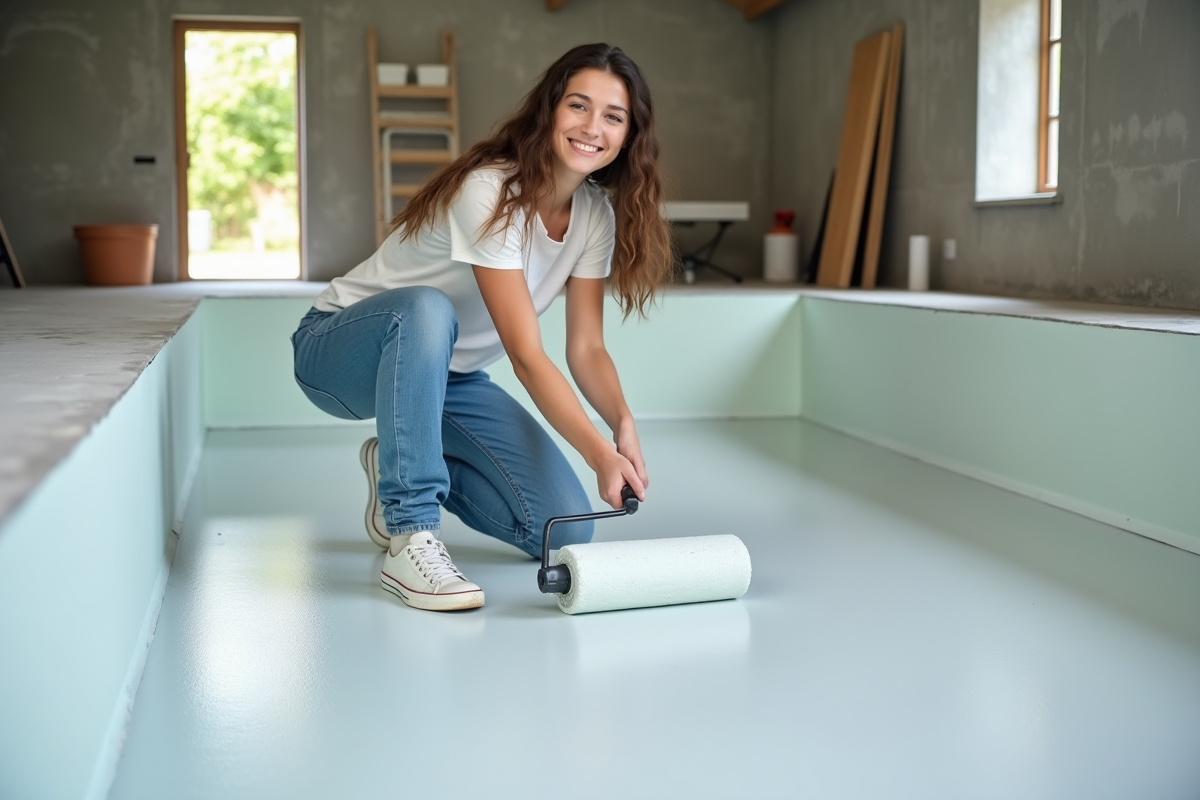 Jeune femme utilisant un rouleau pour peindre une piscine intérieure en béton
