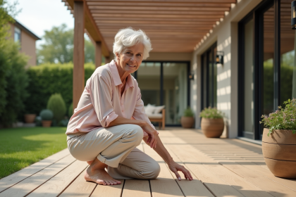 Femme souriante en extérieur sous pergola en bois