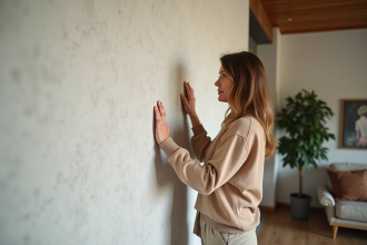 Femme touchant un mur en plâtre brosse dans un salon moderne