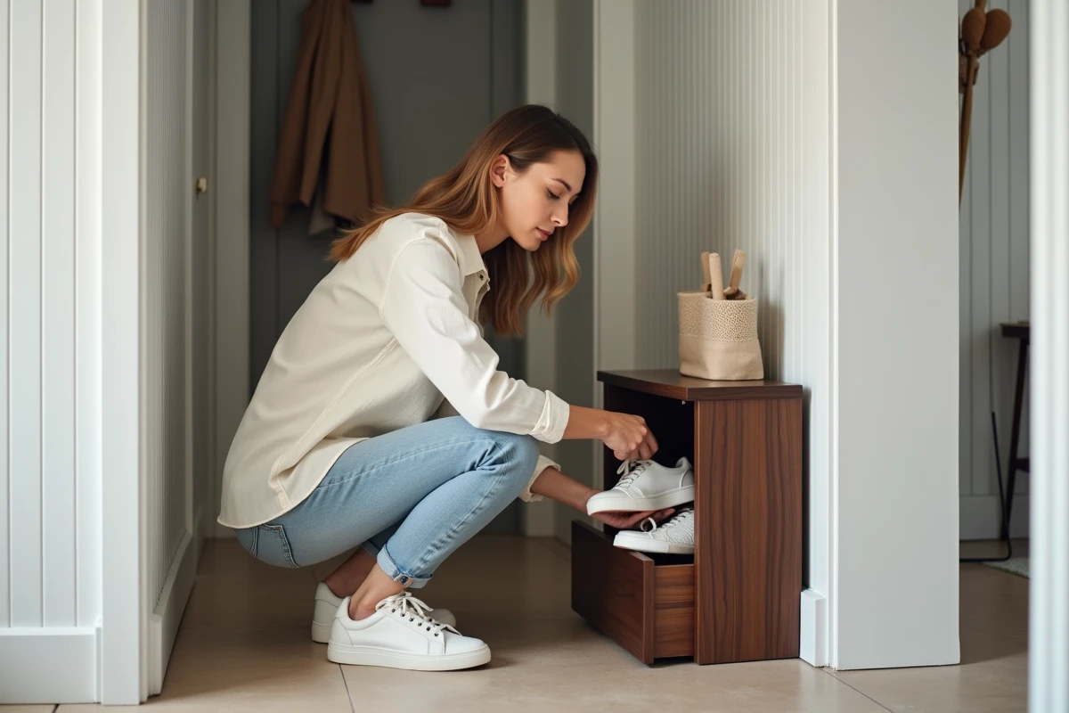 Femme rangeant ses chaussures dans un meuble nano design bois dans un couloir compact