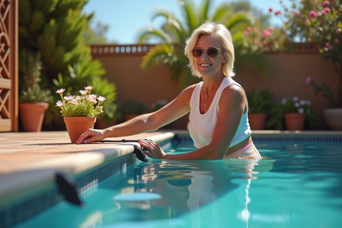 Femme ajustant des tubes thermiques au bord de la piscine