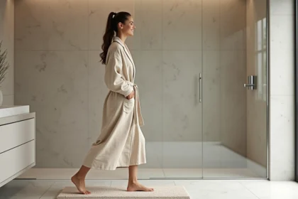 Femme en peignoir beige sur tapis diatomite moderne