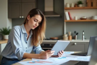 Femme en cuisine rénovée examine plans et budget