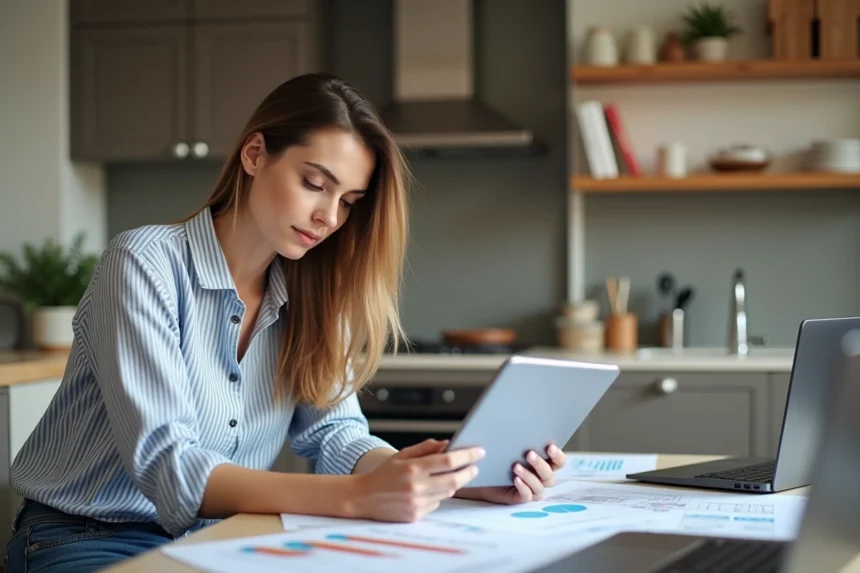 Femme en cuisine rénovée examine plans et budget