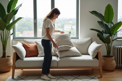 Femme en intérieur moderne organise des coussins dans un salon lumineux