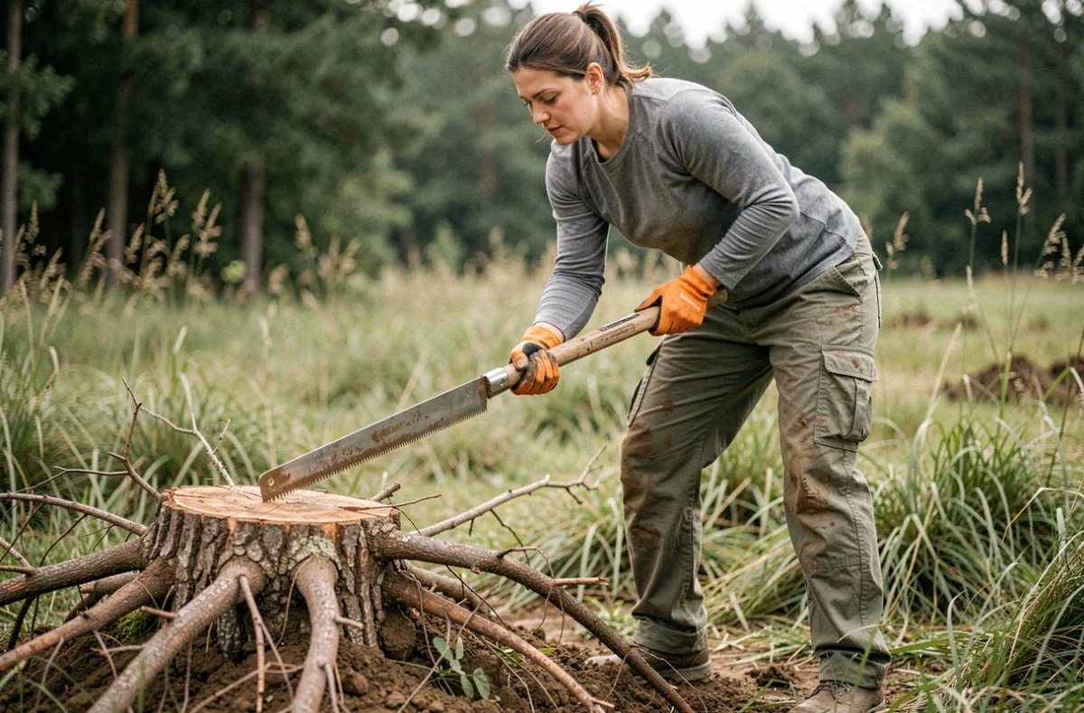 Femme utilisant une scie à racines pour couper les racines latérales d'une souche de pin en bordure d'un terrain rural