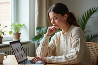 Femme parcourant les tendances mode printemps Callmespring sur un ordinateur portable depuis un bureau scandinave cosy