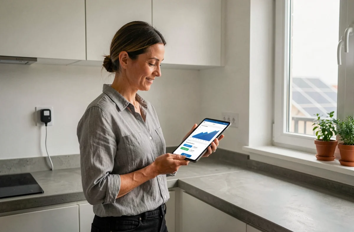 Femme consultant une application de suivi de production solaire triphasée dans une cuisine moderne