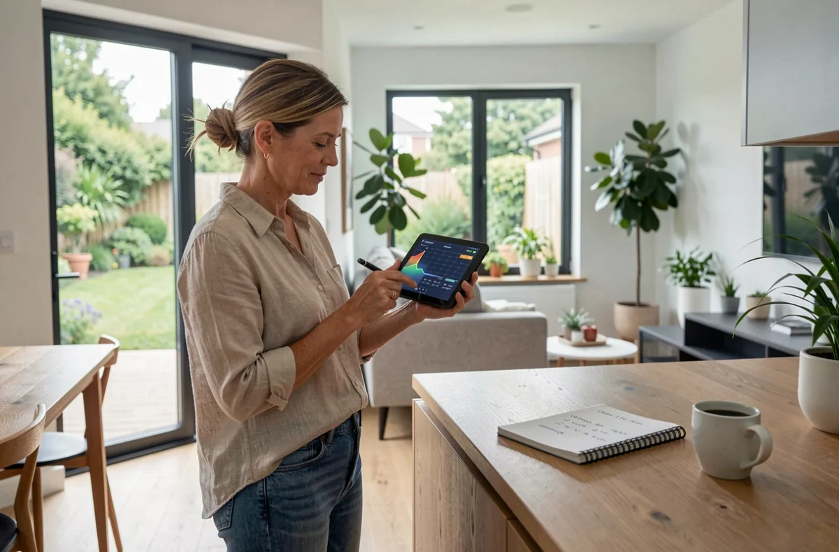 Femme consultant un tableau de bord de production solaire sur tablette dans une maison connectée