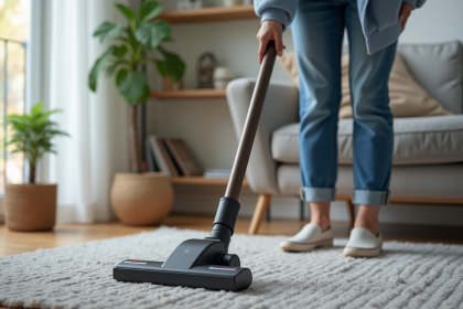 Femme en jeans et pull bleu nettoyant le salon avec aspirateur