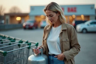 Femme vérifiant l'étiquette d'une bouteille de gaz en supermarché