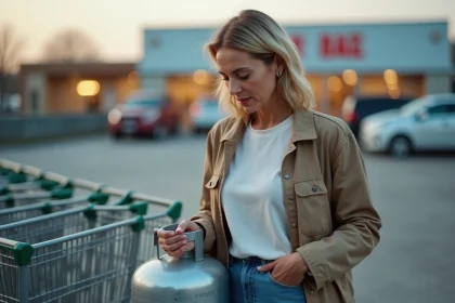 Femme vérifiant l'étiquette d'une bouteille de gaz en supermarché