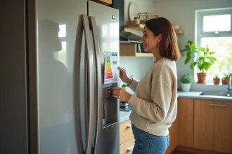 Femme vérifiant l'étiquette d'efficacité énergétique d'un frigo