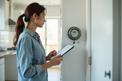 Femme vérifiant un compteur d'eau dans un appartement moderne