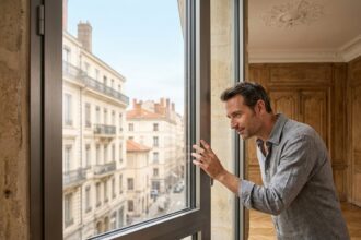 Homme inspectant une fenêtre en aluminium anthracite dans un appartement haussmannien à Lyon lors d'une rénovation