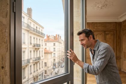 Homme inspectant une fenêtre en aluminium anthracite dans un appartement haussmannien à Lyon lors d'une rénovation