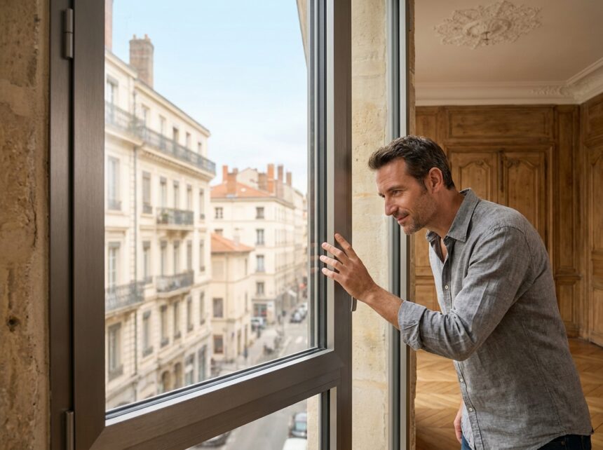 Homme inspectant une fenêtre en aluminium anthracite dans un appartement haussmannien à Lyon lors d'une rénovation