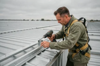 Technicien installant une fixation de panneau solaire sur un toit en bac acier nervuré lors d'une intervention professionnelle